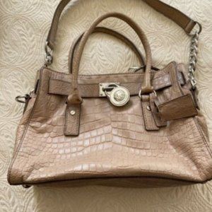 Michael Kors Beige Croc Embossed Patent Hamilton Satchel